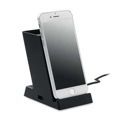 Incarcator wireless abs 15w cu suport negru dreptunghiular si iphone argintiu asezat pe el