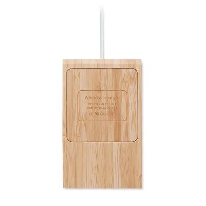 Încarcator wireless bamboo 10w cu textură din bambus și design minimalist dreptunghiular cu specificații gravate