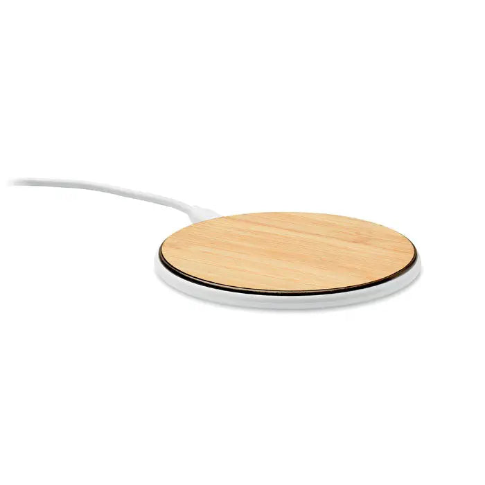 Încărcător wireless circular Bamboo 10W cu suprafață aspect lemn deschis și bază albă din plastic