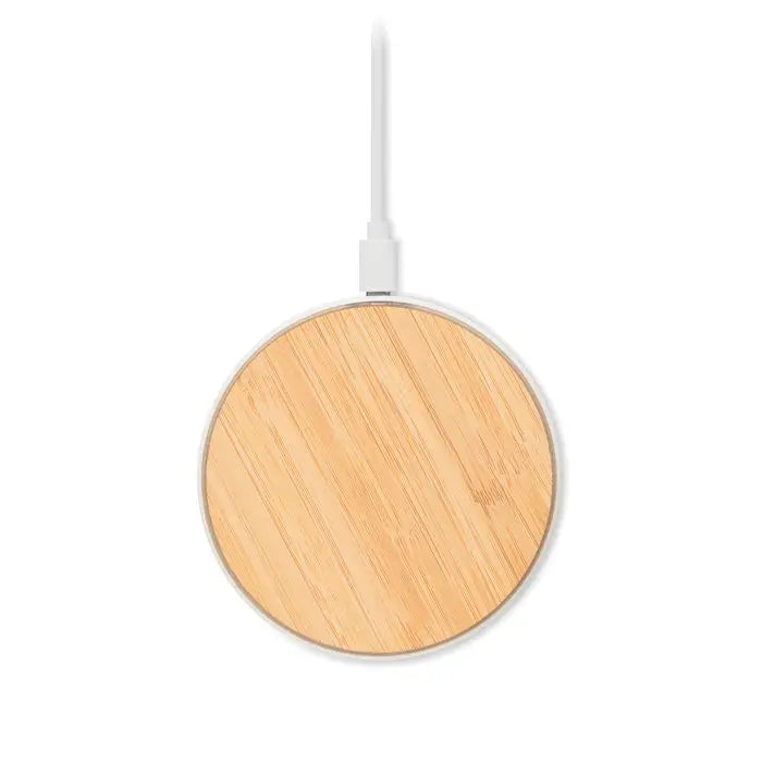 Incarcator wireless bamboo 10w circular cu suprafata de lemn deschis si cablu alb de incarcare