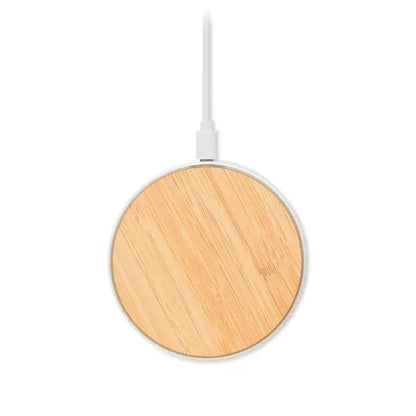 Incarcator wireless bamboo 10w circular cu suprafata de lemn deschis si cablu alb de incarcare
