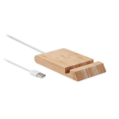 Stand din bambus de culoare maro deschis pentru încărcare wireless 10w cu cablu usb alb