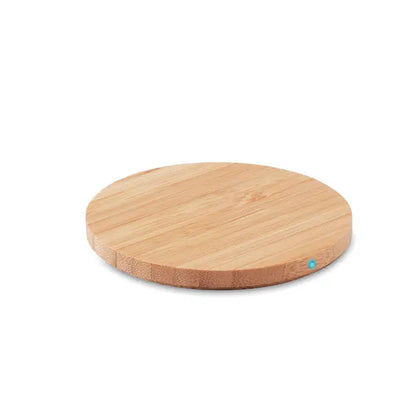 Incarcator wireless bamboo 15w cu finisaj din bambus circular si led albastru subtil pentru incarcare usoara