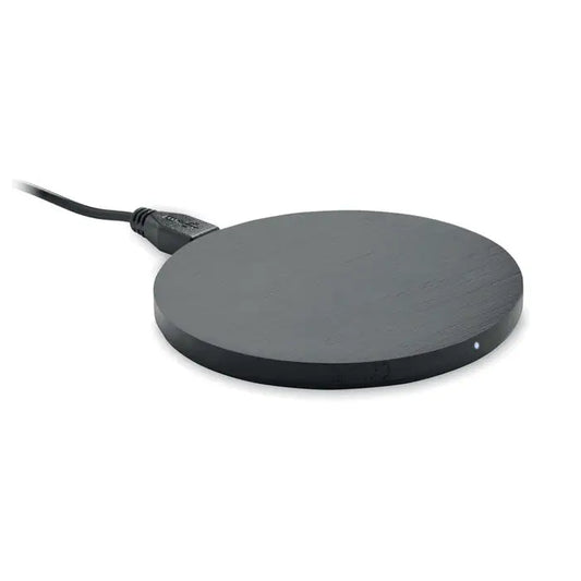 Incarcator wireless bambus 10w negru mat cu suprafata mata si cablu de alimentare conectat