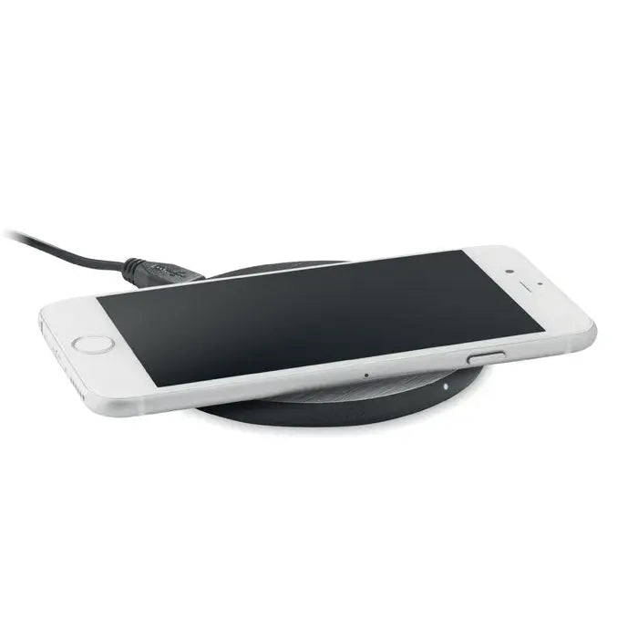 Incarcator wireless bambus 10w negru cu telefon alb wireless pe el pentru incarcare rapida