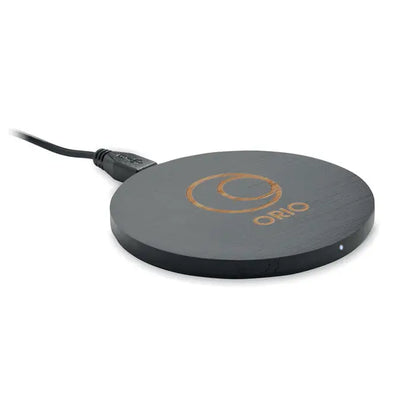 Încărcător wireless bambus 10w cu pad circular negru texturat lemn și logo aurit orio pentru încărcare rapidă