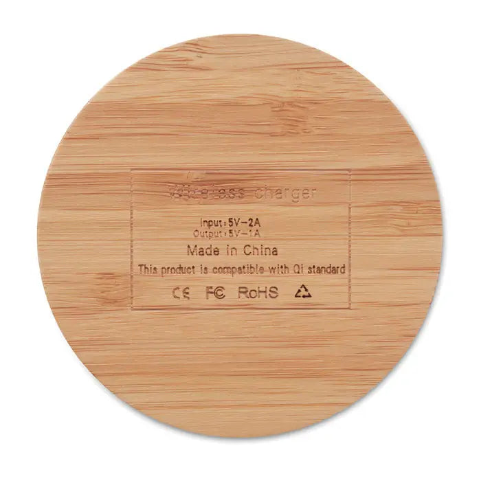 Încarcator wireless bambus 5w circular cu marcaje gravate de certificare pe partea din spate a produsului