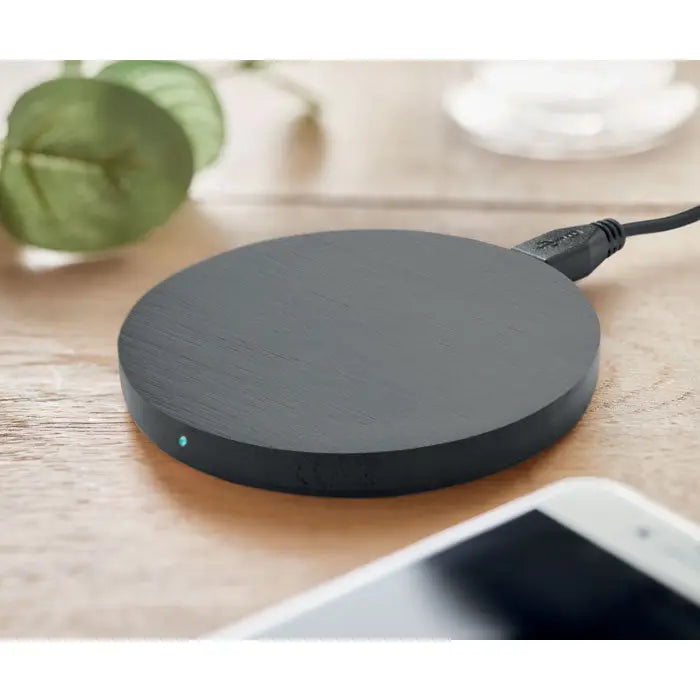 Încărcător wireless bambus 5w negru cu finisaj mat și lumină indicator albastră subtilă circulară