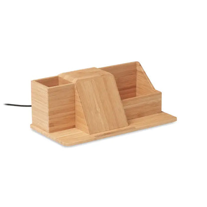 Light brown bamboo desk organizer with multiple compartments and slanted lid for wireless 10W charger use