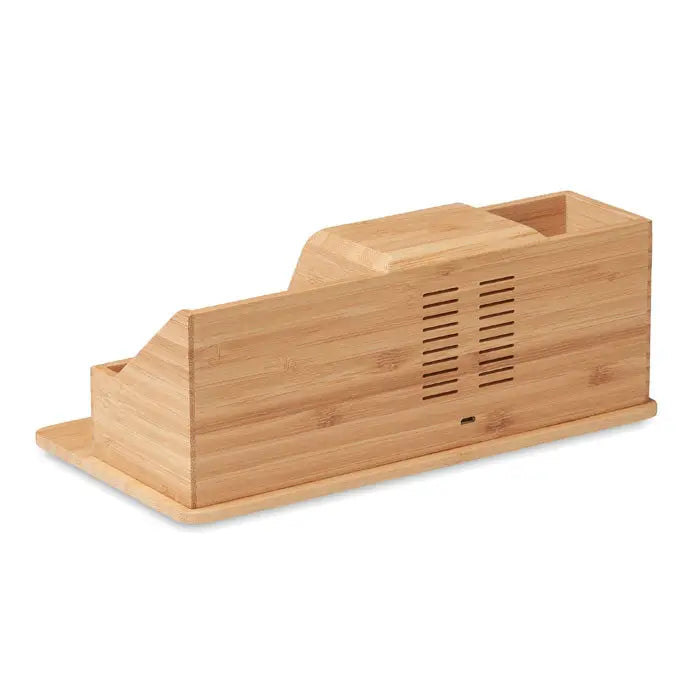 Light brown bamboo desk organizer with multiple compartments and slotted ventilation panel for 10w wireless office charger