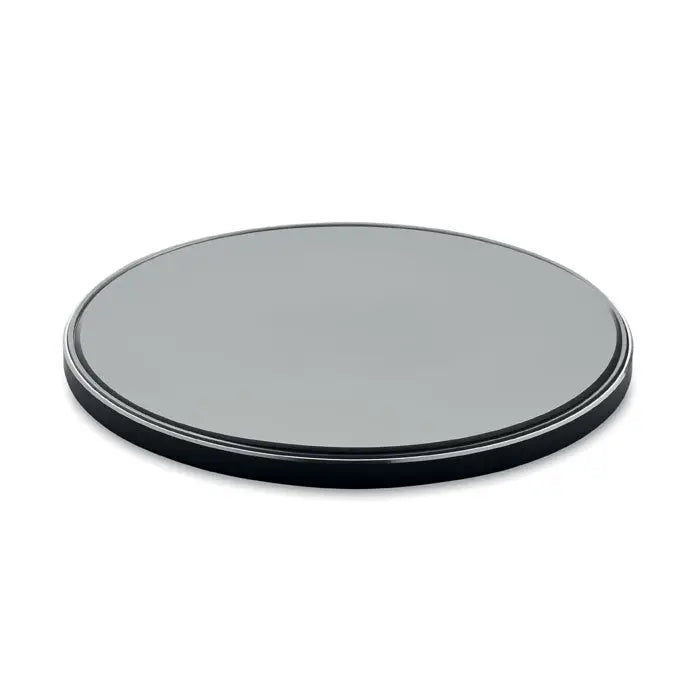 Incarcator wireless de sticla negru rotund de 10w cu finisaj mat si rama metalica subtila