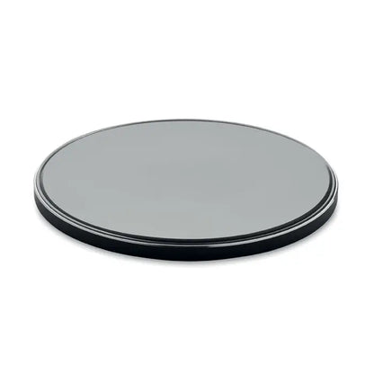 Incarcator wireless de sticla negru rotund de 10w cu finisaj mat si rama metalica subtila