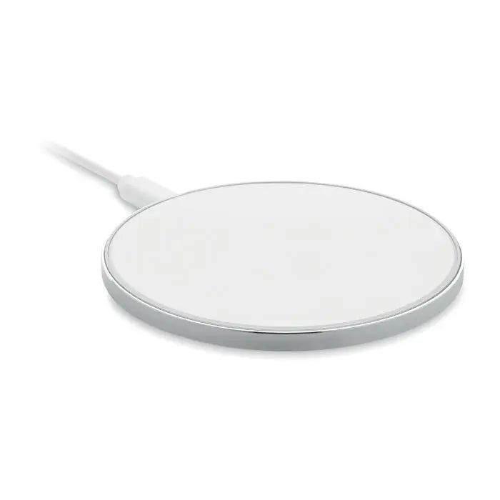 Incarcator wireless de sticla alb cu margine metalica argintie si cablu alb pentru incarcare rapida 10w