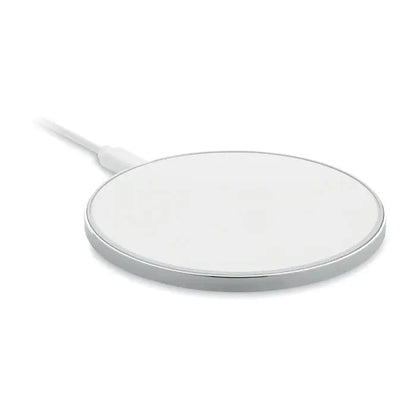 Incarcator wireless de sticla alb cu margine metalica argintie si cablu alb pentru incarcare rapida 10w