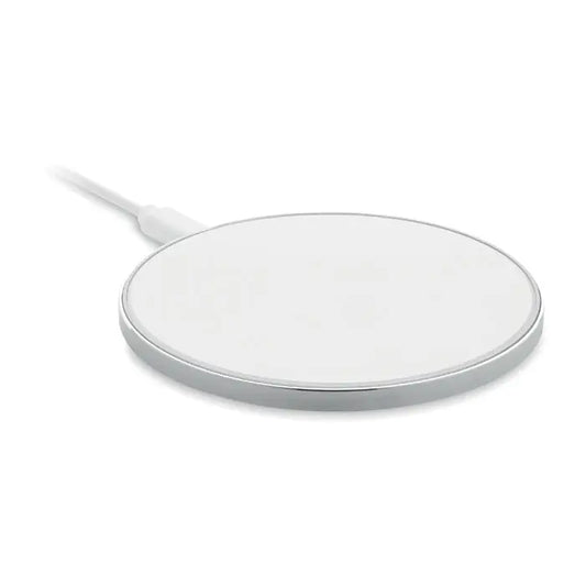 Incarcator wireless de sticla alb cu margine metalica argintie si cablu alb pentru incarcare rapida 10w