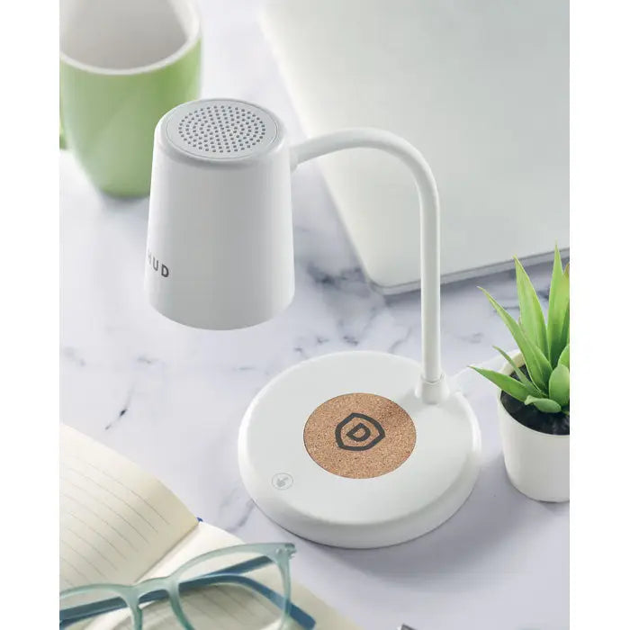 Lampă albă cu încărcător wireless difuzor și bază circulară din plută pentru birou cu gât curbat