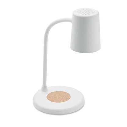 Lampa de birou alba cu gat curbat si cap cilindric, baza cu pad de pluta, incarcator wireless si difuzor integrat
