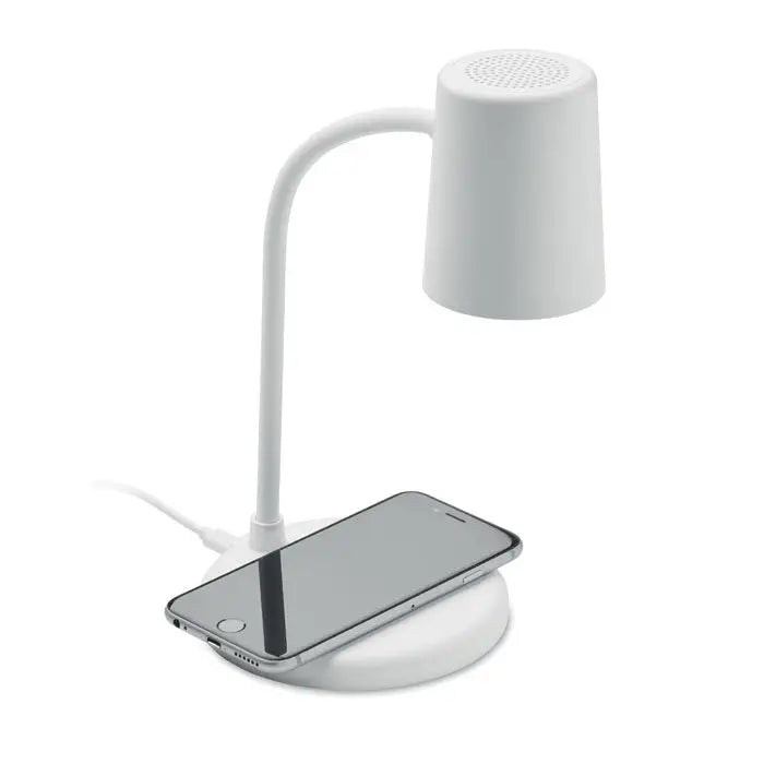 Lampa de birou alba incarcator wireless cu difuzor integrat si gat curbat elegant cu cap cilindric