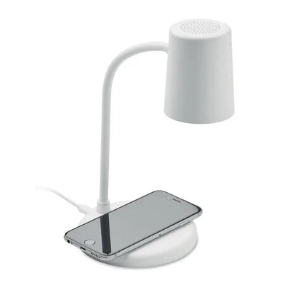 Lampa de birou alba incarcator wireless cu difuzor integrat si gat curbat elegant cu cap cilindric