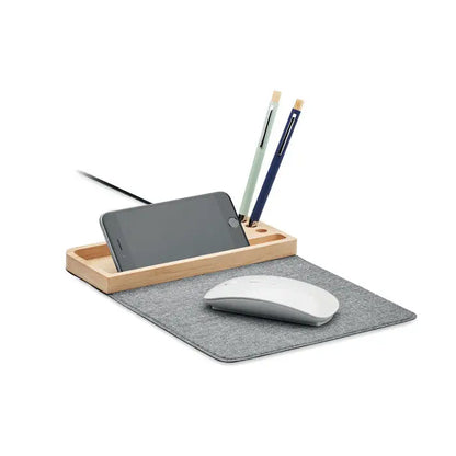 Organizator birou din lemn deschis cu incarcator wireless bambus 15w integrat, suporturi pentru pixuri si mousepad gri