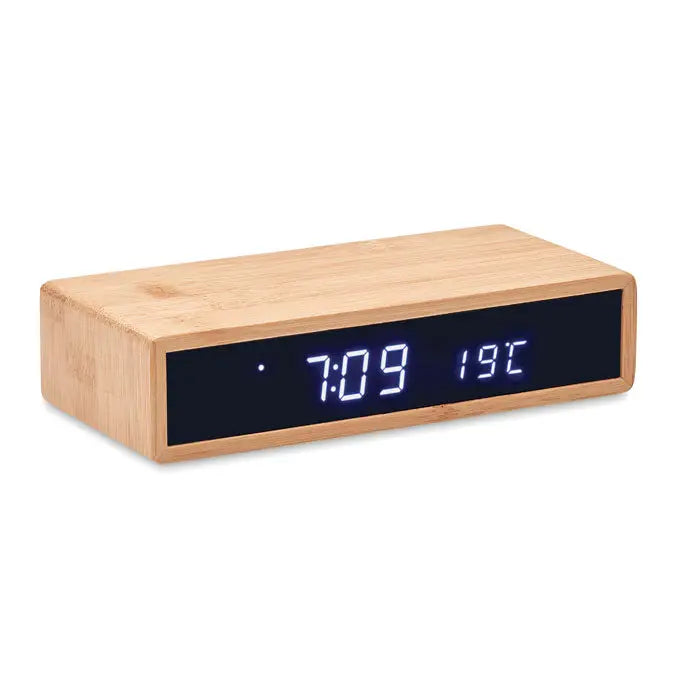 Incarcator wireless din bambus 5w cu ceas digital dreptunghiular natural si afisaj led albastru pentru ora si temperatura