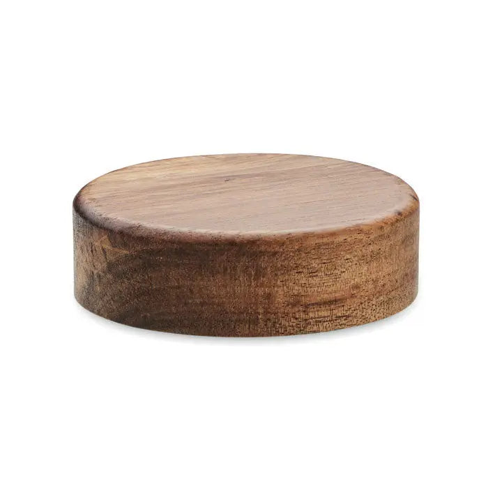 Incarcator wireless din lemn de acacia cu capac rotund neted si finisaj maro cald 15W