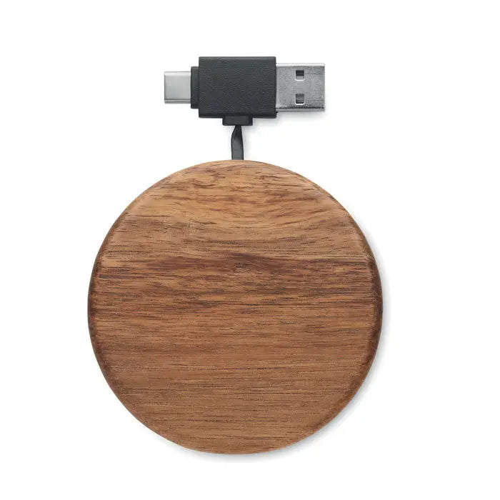 Încărcător wireless circular din lemn de acacia 15W cu cablu usb-c la usb-a atașat