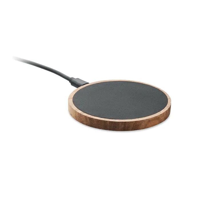 Încarcător wireless circular 15w cu suprafață texturată gri închis și ramă din lemn de salcâm deschis la culoare