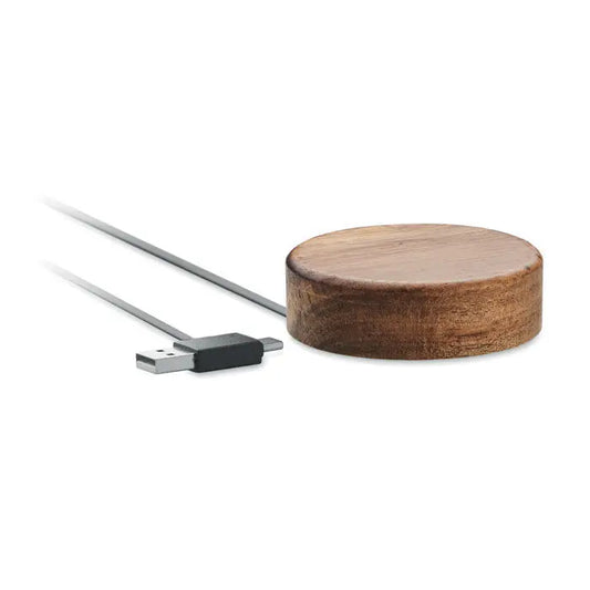 Incarcator wireless in acacia 15w cu design circular elegant din lemn natural si cablu usb-c argintiu