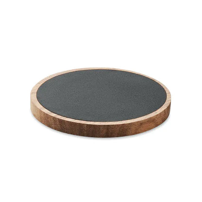 Incarcator wireless circular 15W cu centru texturat gri inchis si rama din lemn natural de acacia