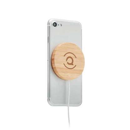 Incarcator wireless magnetic 10w circular din lemn deschis cu textură naturala și logo minimalist gravat
