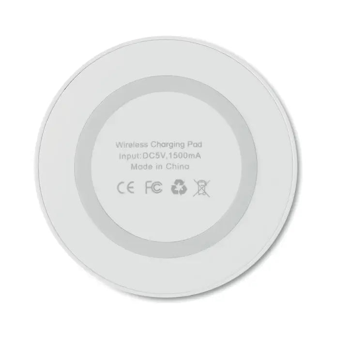Incarcator wireless mic de 15w alb rotund cu design minimalist si specificatii imprimate pe suprafata sa