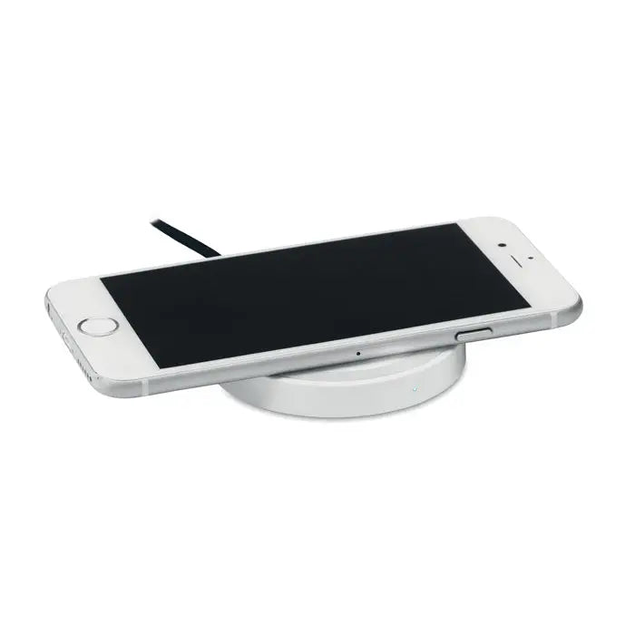 Incarcator wireless mic de 5w alb cu baza circulara eleganta si led indicator albastru subtil