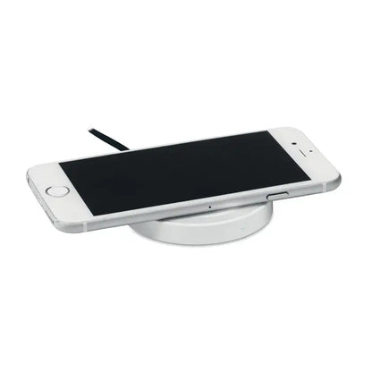 Incarcator wireless mic de 5w alb cu baza circulara eleganta si led indicator albastru subtil