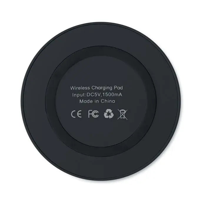 Incarcator wireless mic de 5w negru cu finisaj mat si text centrat indicand specificatii de input