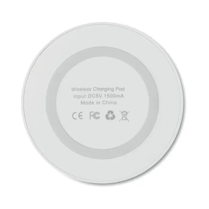 Incarcator wireless mic de 5w alb circular cu design minimalist si specificatii imprimate pe suprafata sa