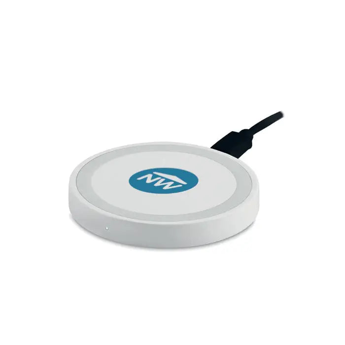 Incarcator wireless mic de 5w alb cu logo albastru nw si cablu usb negru pentru incarcare rapida