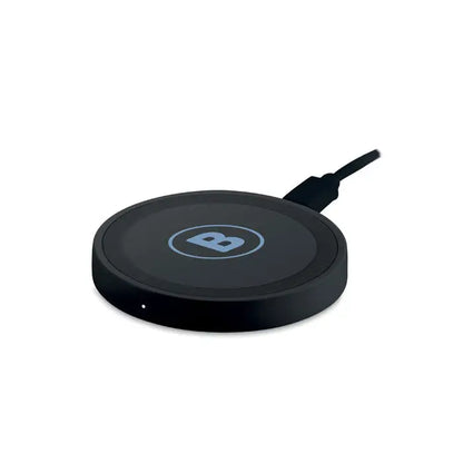 Incarcator wireless mic de 5w negru circular cu logo albastru subtil si cablu usb integrat pentru incarcare rapida