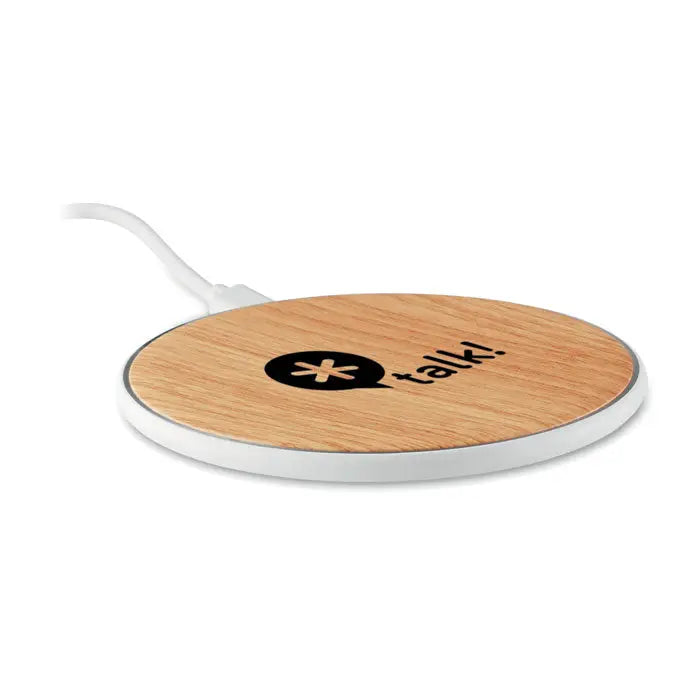 Încărcător wireless rotund de 5w din lemn cu margine albă și logo talk imprimat negru pe suprafața frontală
