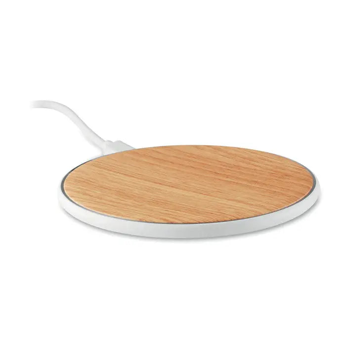 Incarcator wireless rotund de 5w cu suprafata din lemn deschis la culoare si ramă din plastic alb cu cablu integrat