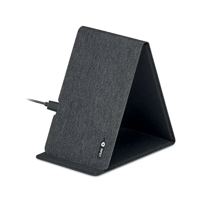 Stand tablet din material texturat negru cu încărcător wireless rpET 15W și cablu USB-C atașat