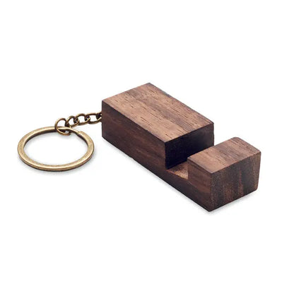 Inel de chei din lemn maro inchis cu suport minimalist dreptunghiular pentru telefon si lant auriu