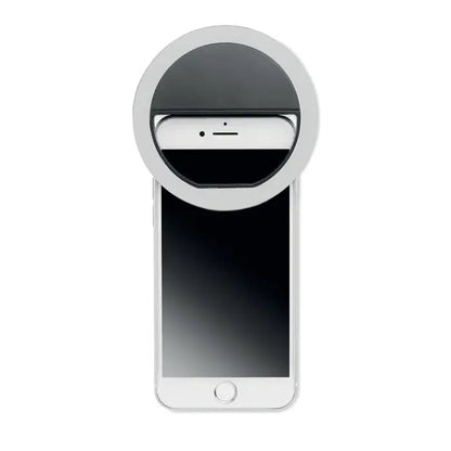 Inel luminos portabil pentru selfie argintiu circular cu lentila neagra si rama alba pentru smartphone-uri