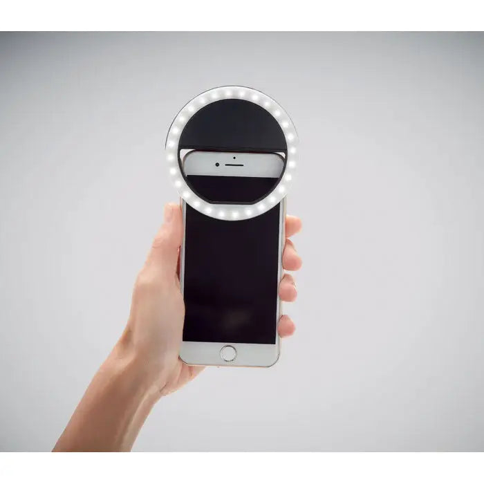 Inel luminos portabil pentru selfie argintiu circular cu leduri incorporate pentru iluminare uniforma