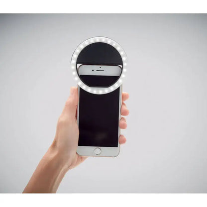 Inel luminos portabil pentru selfie argintiu circular cu leduri incorporate pentru iluminare uniforma