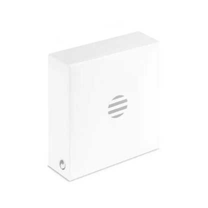 Inel luminos portabil pentru selfie cu difuzor inteligent alb dreptunghiular si logo gri minimalist