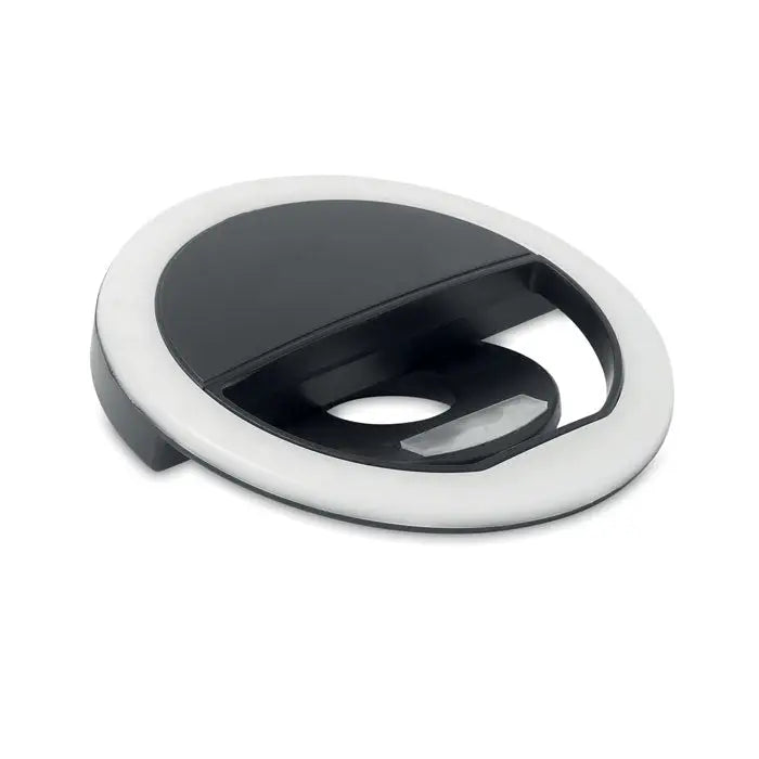 Inel luminos portabil pentru selfie circular alb negru cu design minimalist si material usor de transportat