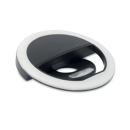 Inel luminos portabil pentru selfie circular alb negru cu design minimalist si material usor de transportat