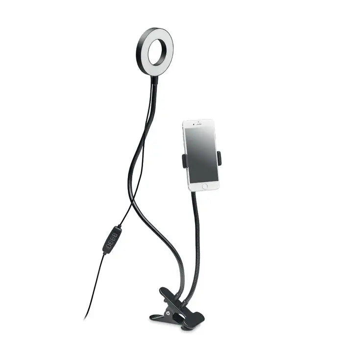 Inel luminos portabil negru flexibil cu suport telefon si baza cu clips pentru selfie-uri de calitate