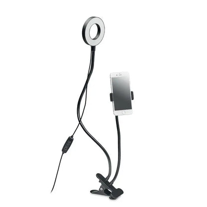 Inel luminos portabil negru flexibil cu suport telefon si baza cu clips pentru selfie-uri de calitate